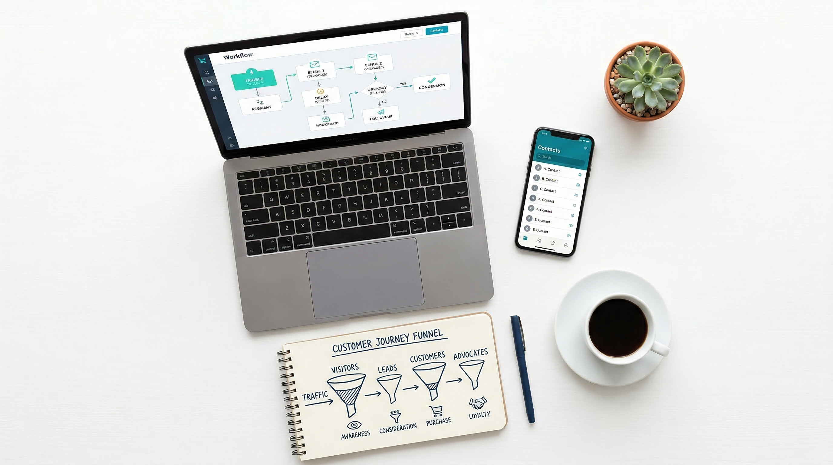 Flat-lay workspace showing laptop with email automation workflow, smartphone with CRM contacts, and notebook with customer journey funnel sketches on a clean white desk