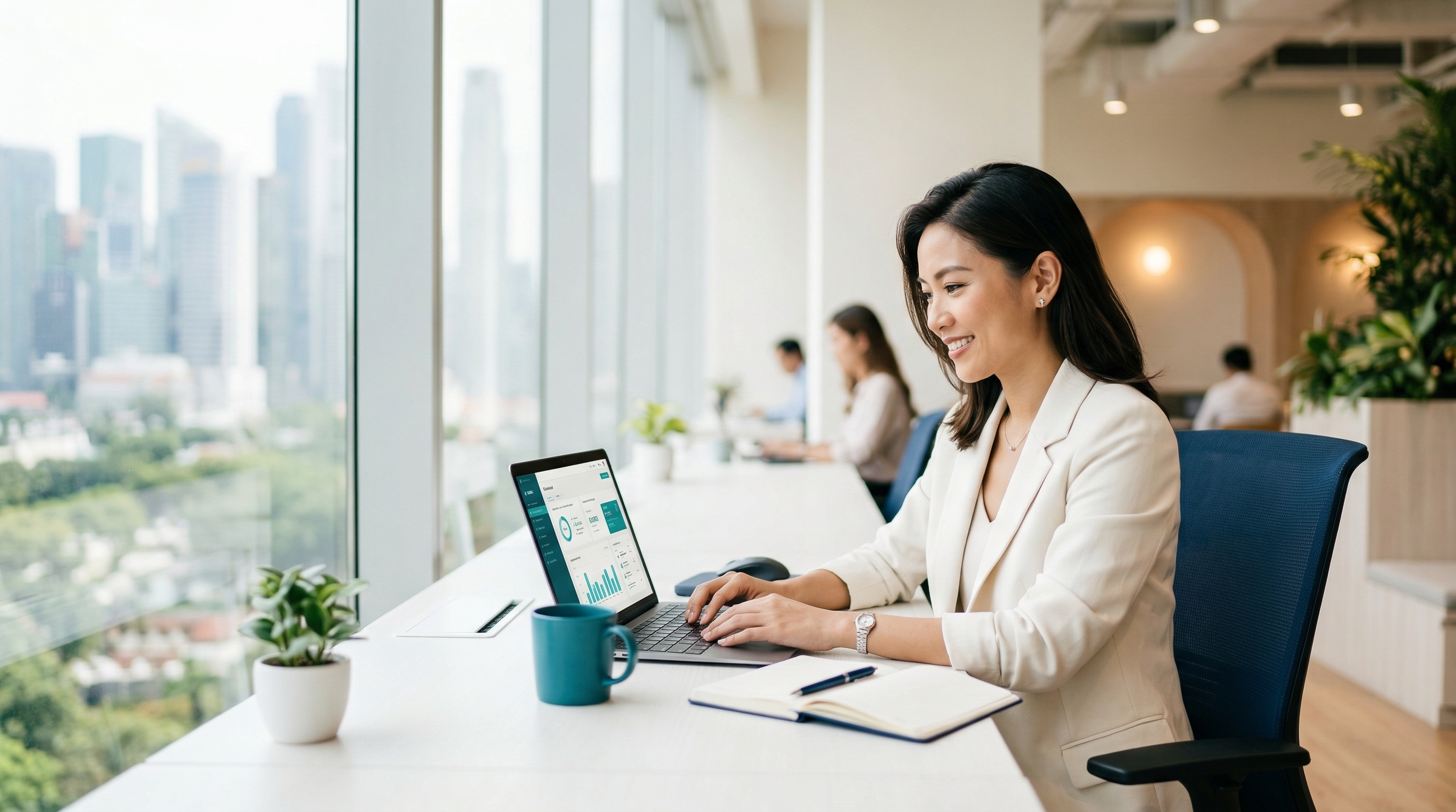 Singapore professional reviewing an AI-powered inbound marketing dashboard on her laptop in a bright modern co-working space with city skyline visible through the window