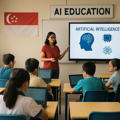 An AI education instructor presenting artificial intelligence concepts on a screen to students with laptops in a Singapore classroom, 