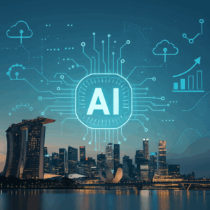 Singapore skyline with AI-themed digital graphics