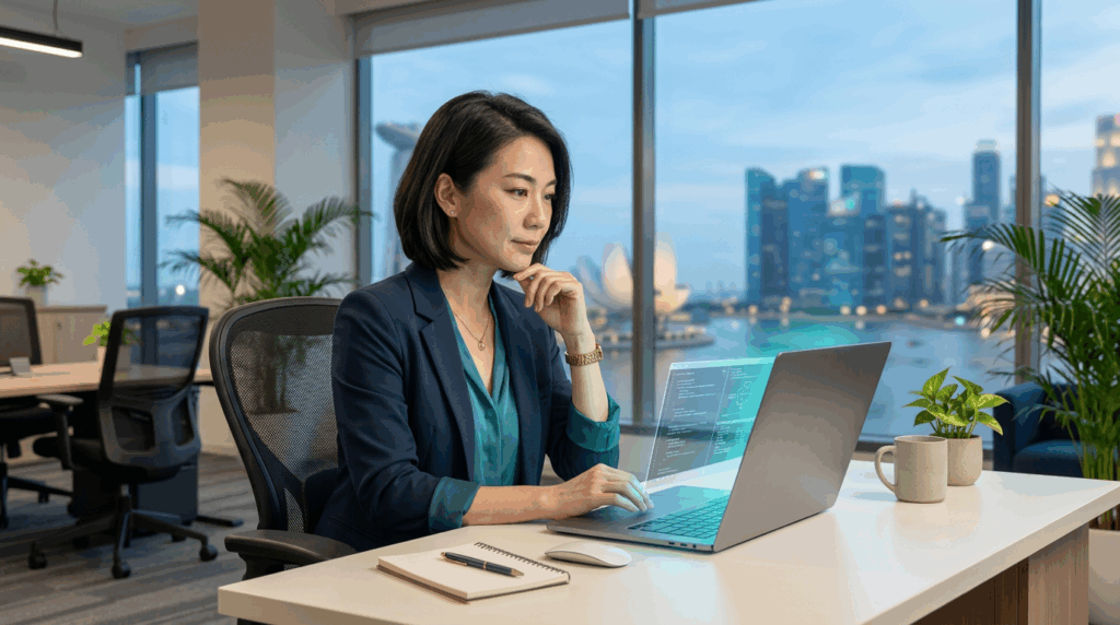 A mid-career professional woman working on a laptop with glowing AI interface elements in a modern Singapore office, with the city skyline and Marina Bay Sands visible through the window