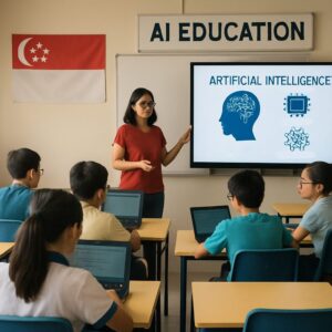 An AI education instructor presenting artificial intelligence concepts on a screen to students with laptops in a Singapore classroom