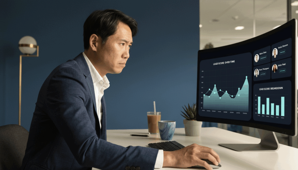 Sales professional in Singapore using an AI prospecting dashboard to qualify leads faster