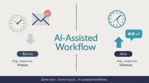 Before and after flat illustration comparing 4-hour manual response time versus 1.8-hour AI-assisted response time for Singapore hospitality teams