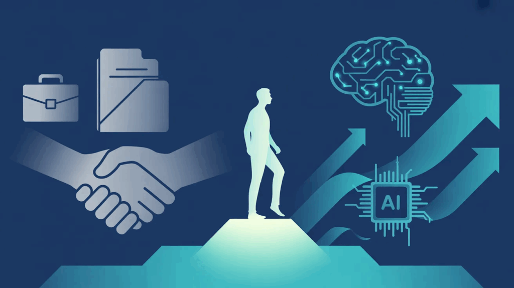 Conceptual illustration of a mid-career professional in Singapore transitioning from traditional skills to AI-enabled capabilities