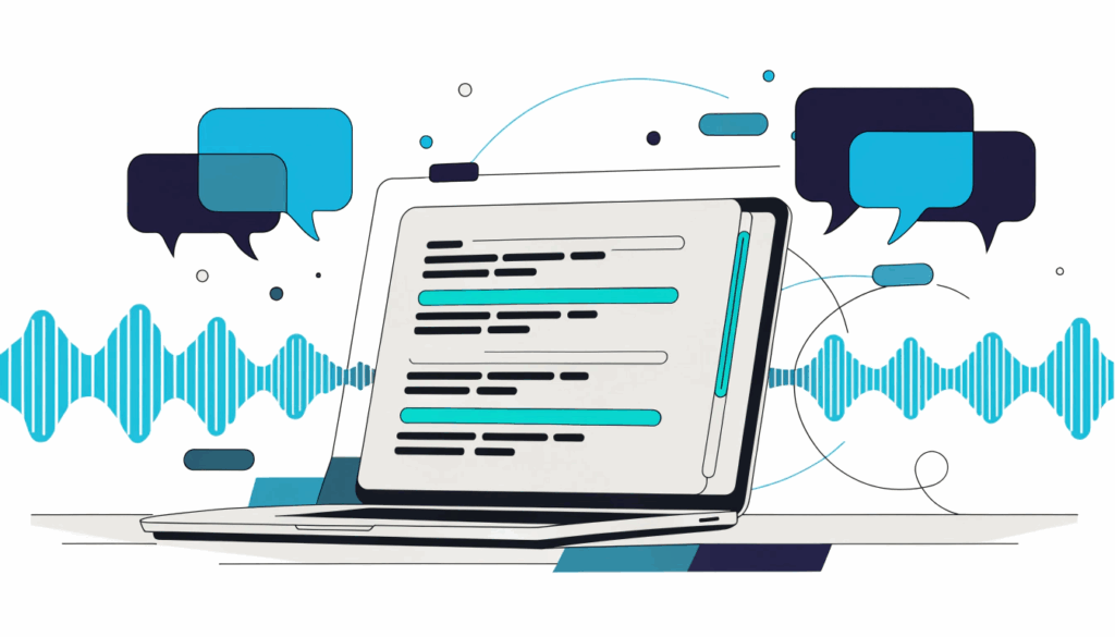 AI meeting transcription tool showing automated speech-to-text on laptop screen