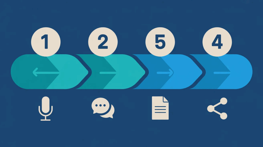 Step-by-step workflow for writing AI meeting minutes from audio transcription