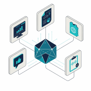 Illustration of AI collecting and connecting multiple customer data sources including CRM, website analytics, support tickets and social listening