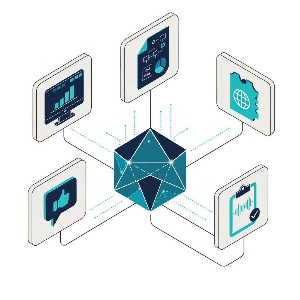 Illustration of AI collecting and connecting multiple customer data sources including CRM, website analytics, support tickets and social listening