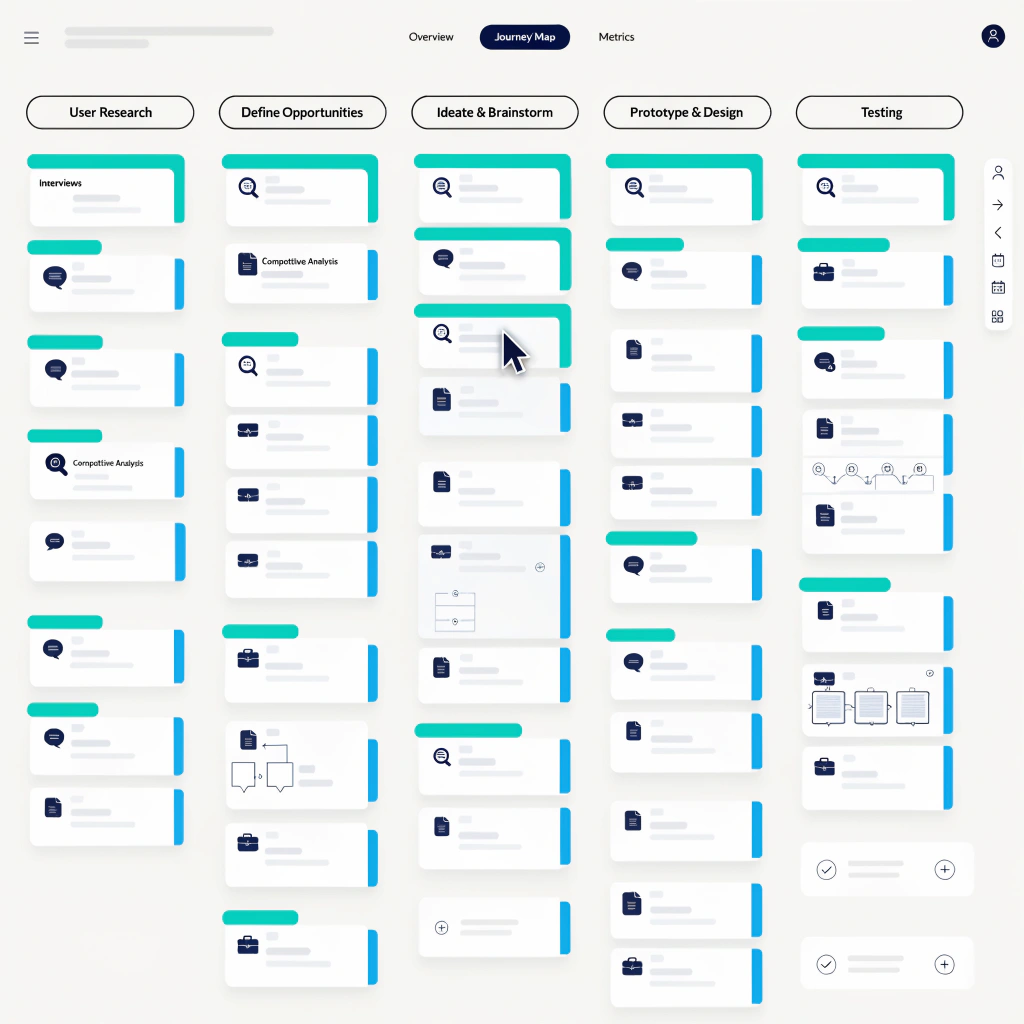 AI-powered customer journey map template showing touchpoints, customer emotions and data insights across five journey stages
