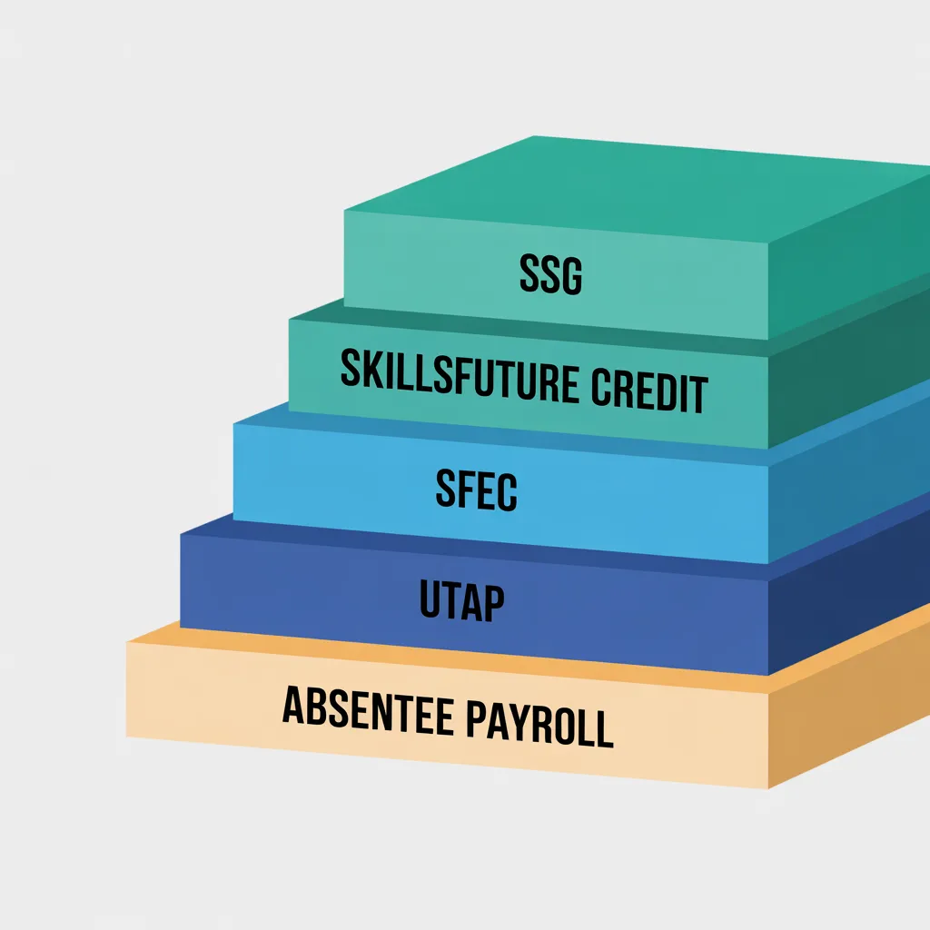 Diagram showing full stack of Singapore training subsidies — SSG, SkillsFuture Credit, SFEC, UTAP, and Absentee Payroll
Filename: skillsfuture-subsidy-stack-singapore-2026.jpg