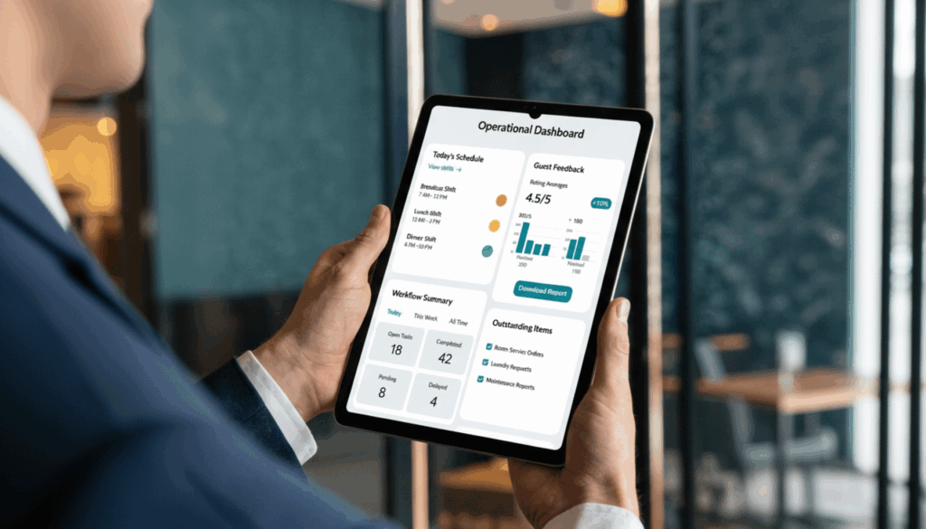 Service Leadership in the AI Age: What Hospitality Teams Need to Know (2026) 1 Hospitality manager using AI workflow tools on tablet in Singapore hotel lobby