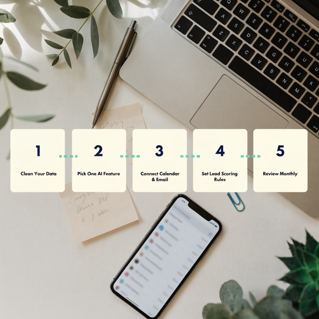 AI Tools for CRM: How Singapore SMEs Are Finally Automating Client Relationships 3 Five-step AI CRM implementation plan laid out on a desk — guide for Singapore SME owners