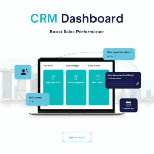 AI-powered CRM dashboard showing automated lead scoring and client pipeline for Singapore SMEs