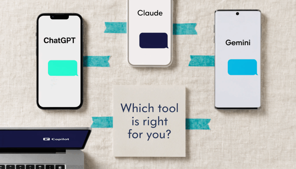 ChatGPT vs Claude vs Gemini vs Microsoft Copilot comparison flat lay — AI tools for hospitality managers Singapore