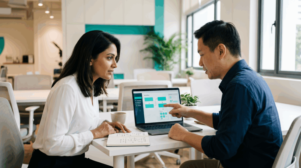 HR manager and AI trainer reviewing workflow integration on laptop Singapore office