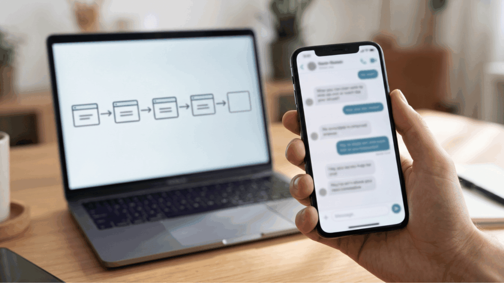 Phone with a chat conversation beside a laptop showing a simple automation flow diagram