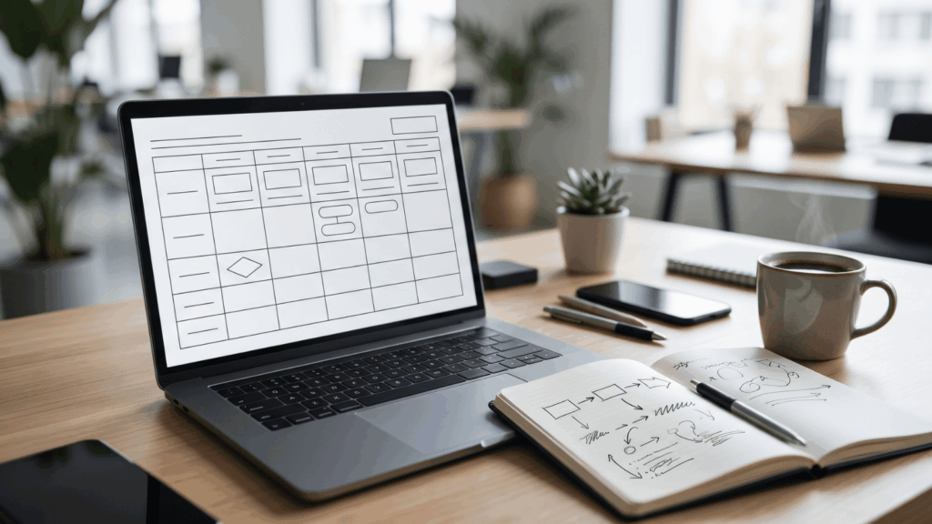 Can Claude Build a Customer Journey Map? We Tested It at Three Levels 1 Laptop on a desk showing a customer journey map table beside a notebook with hand-drawn stage arrows