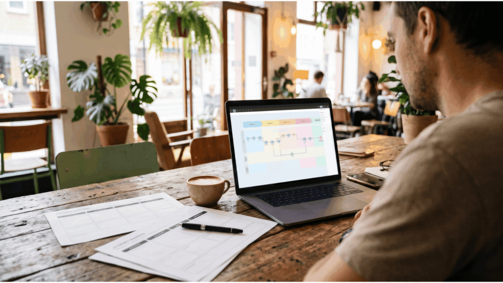 Business owner reviewing a customer journey map template on a laptop, with printed templates on the desk