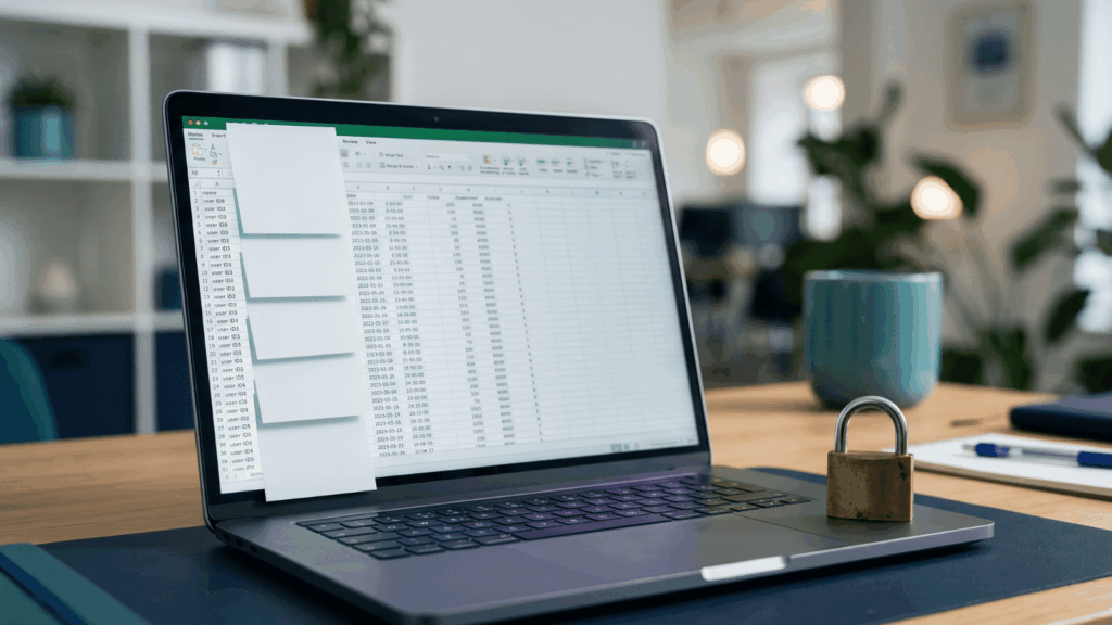 Laptop on a desk showing a spreadsheet of customer records
