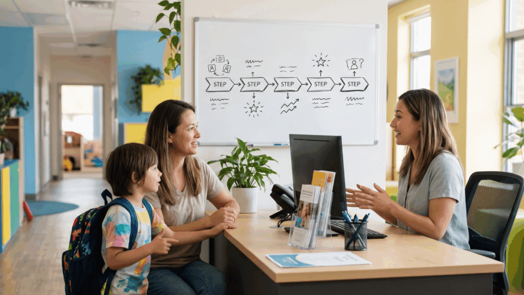 Parent and child talking to a staff member at an education centre reception with a journey timeline on a whiteboard