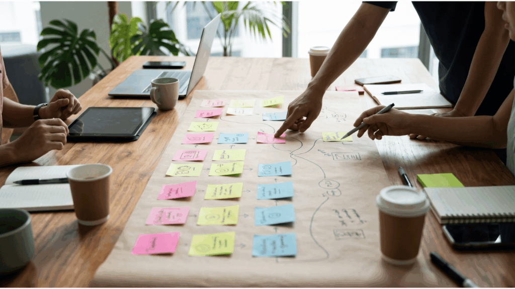 Hands pointing at a hand-drawn customer journey map made of colourful sticky notes on a meeting table